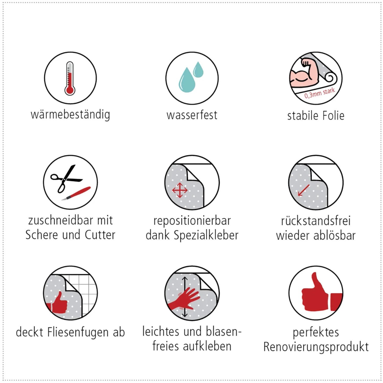 Symbole der Eigenschaften der Küchenrückwandfolie Concrete Black: Hitzebeständig, wasserfest, stabil, zuschneidbar, repositionierbar.