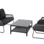 Siena Garden Kansas Lounge Set: 2-Sitzer Sofa, 2 Sessel, Tisch, graue Kordel, schwarze Kissen.