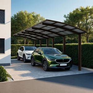 Ximax Carport Portoforte-110 Tandem in Mattbraun mit zwei geparkten Autos.