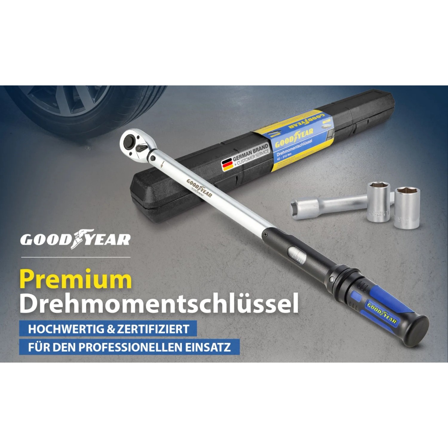 Goodyear Drehmomentschlüssel mit Verlängerung, Stecknüssen und Aufbewahrungsbox.