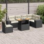 Schwarze 7-tlg. vidaXL Garten-Sofagarnitur aus Poly Rattan mit Tisch und cremefarbenen Kissen.