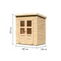 Karibu Gartenhaus Neuenburg 0, vorvergraut, mit Doppeltür und Pultdach. Holz-Gartenhaus mit Maßangaben.