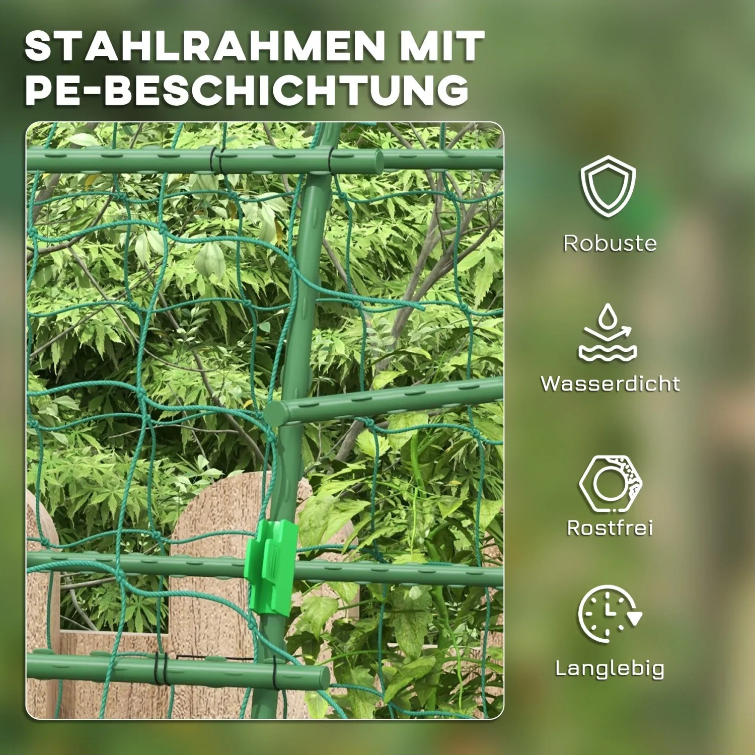 Detailaufnahme der grünen Outsunny Rankhilfe aus Stahl mit PE-Beschichtung und Netz.