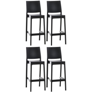 Vier schwarze CLP Maya Barhocker aus Kunststoff mit Rückenlehne und Fußstütze. Modernes 4er Set.
