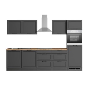 Moderne graue Küchenzeile Kempten 300 cm mit E-Geräten und Arbeitsplatte in Holzoptik.