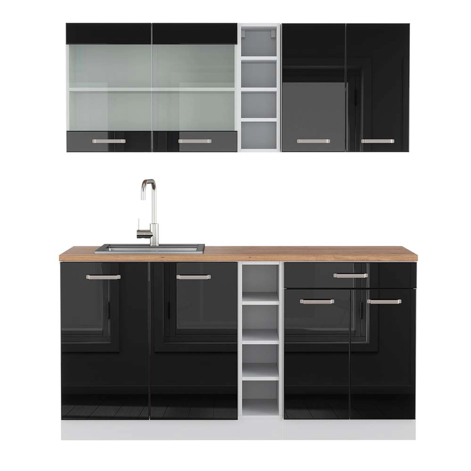 Vicco R-Line Singleküche Schwarz Hochglanz/Weiß 160 cm AP Eiche günstig online kaufen