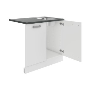 OPTIFIT Oslo214 Spülenschrank-Set in Weiß mit Edelstahlspüle und anthrazitfarbener Arbeitsplatte.
