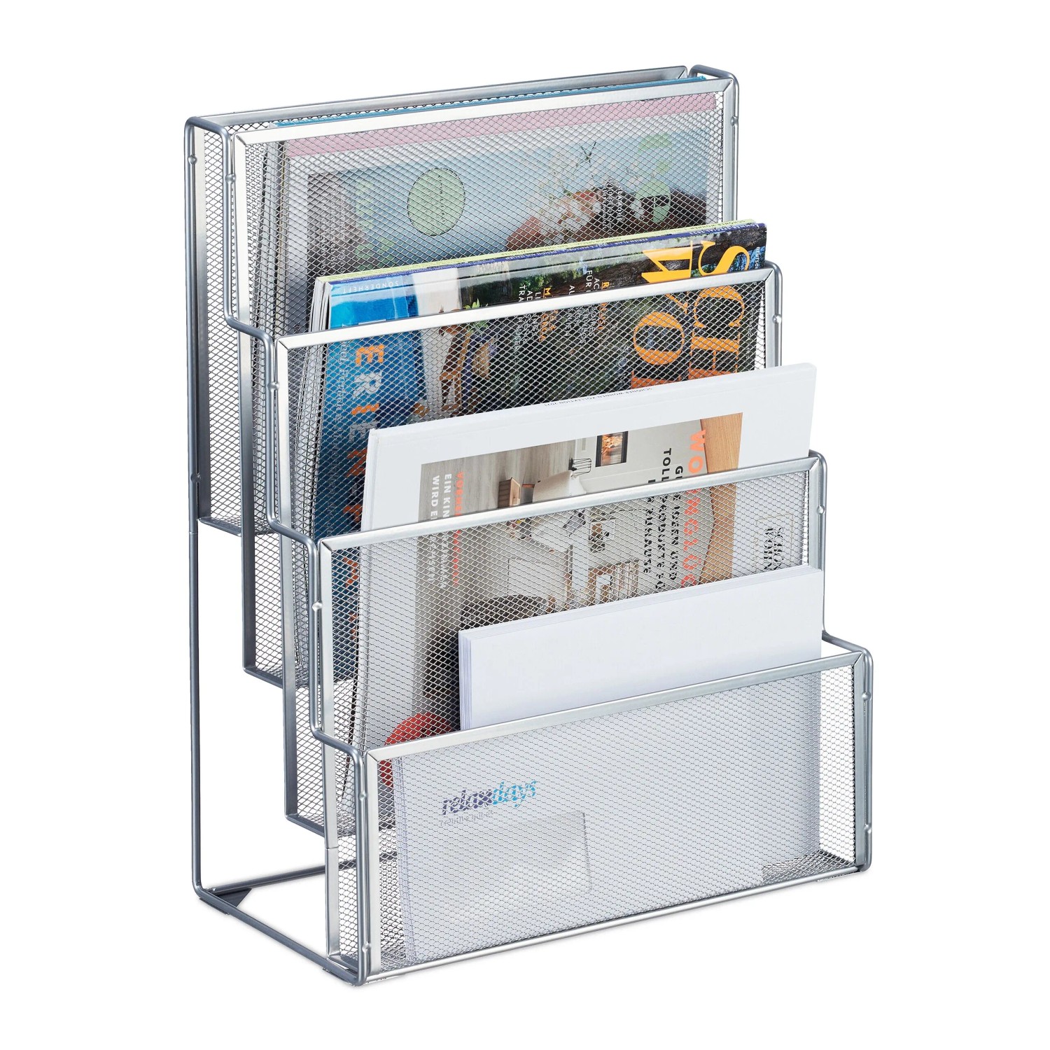 Relaxdays Zeitschriftenhalter Stahl Silber 4 Fächer 43 cm x 33 cm x 18 cm 1,3 kg