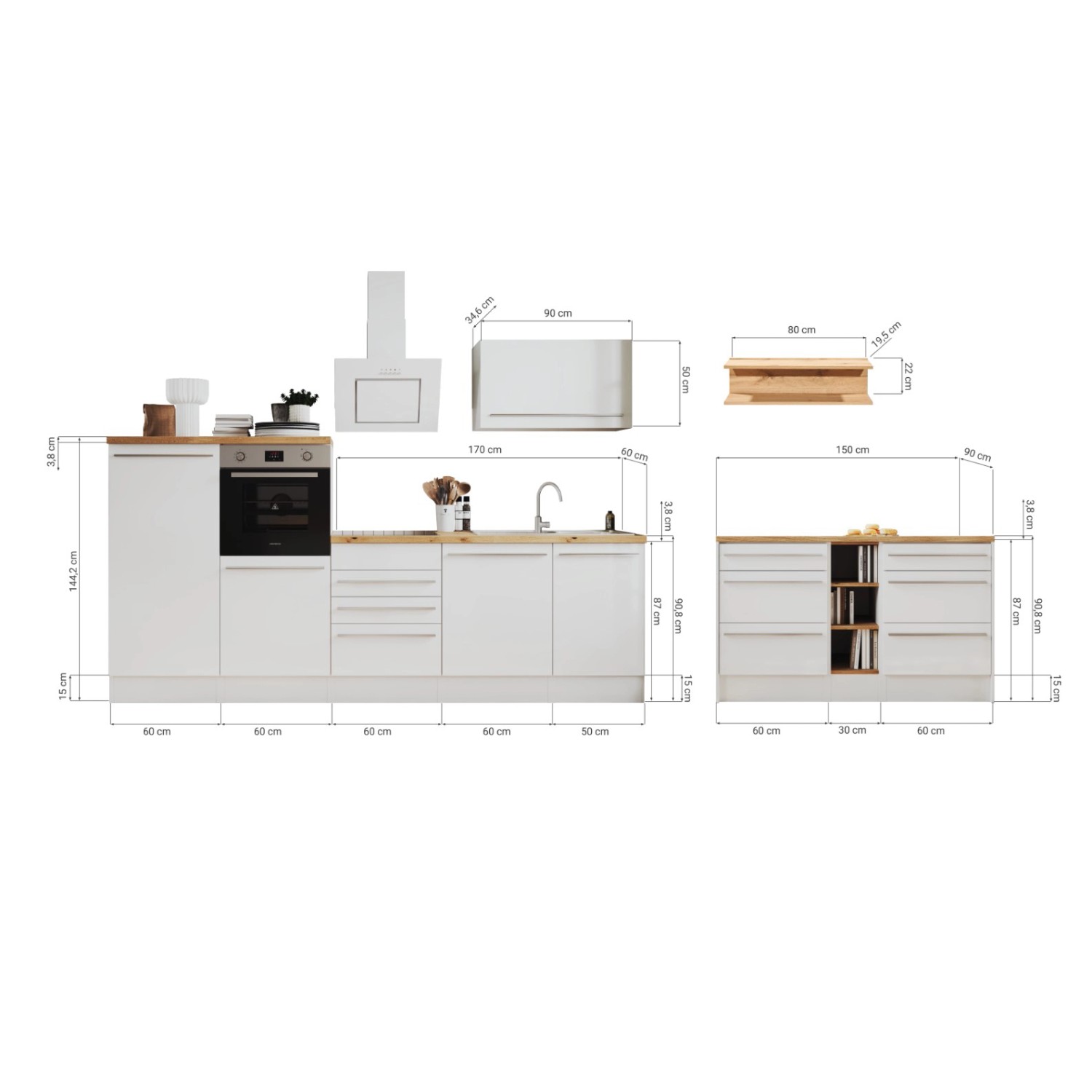 Respekta Küchenzeile Gabriel 290 cm mit Insel, weiße Hochglanzfronten, Maße und Gerätepositionen dargestellt.