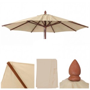 Cremefarbener Ersatz-Bezug für runden Holz-Sonnenschirm Ø4m. Polyester-Stoff mit UV-Schutz und Winddach für Gastronomie.