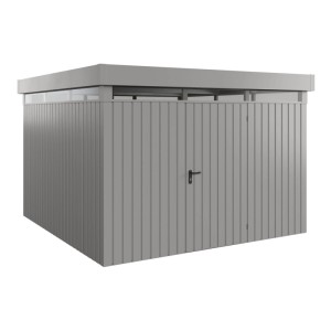 Graues EcoStar Gerätehaus Euroline mit Flachdach und Lichtband, 325x325 cm.