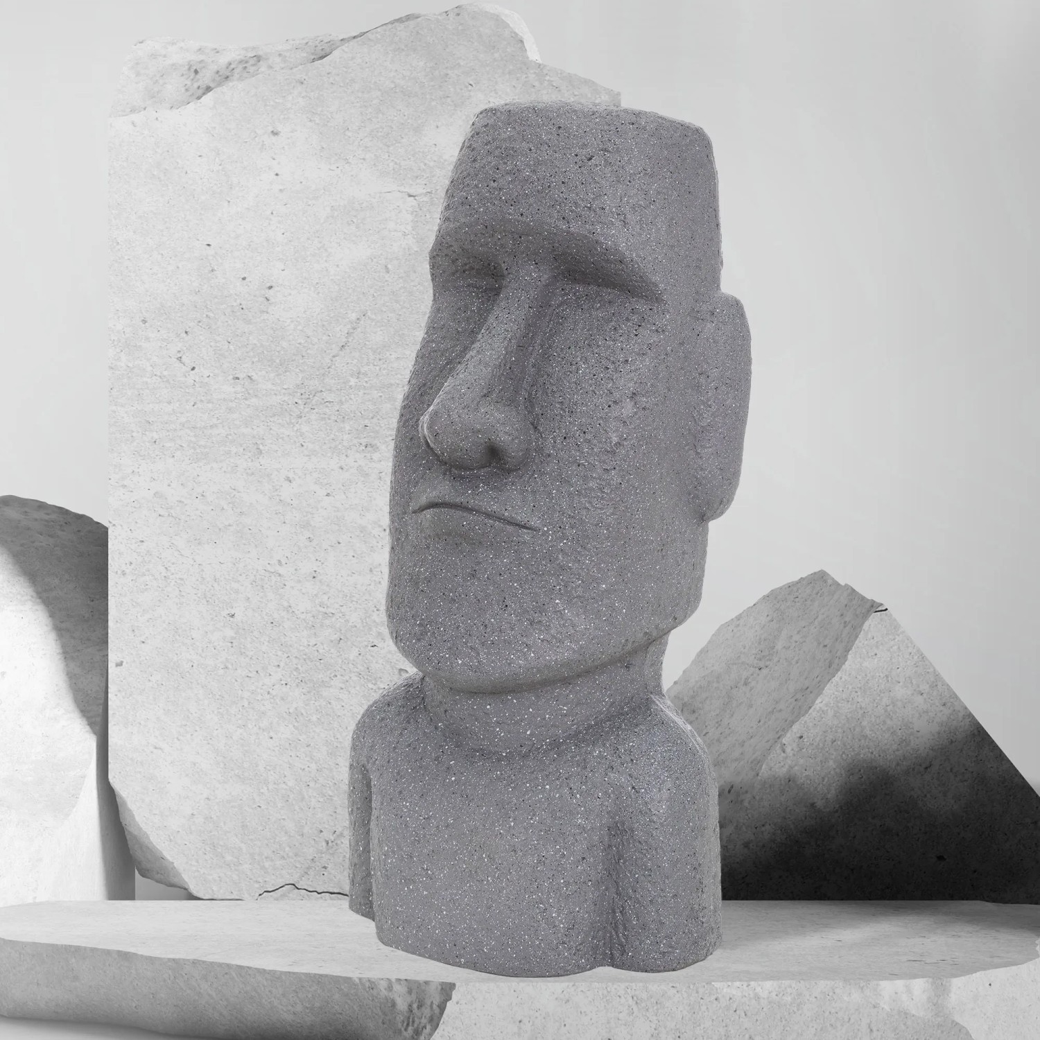 Graue Moai Figur Rapa Nui Kopf, 53,5 cm hoch, aus Kunstharz für exotische Gartendeko.