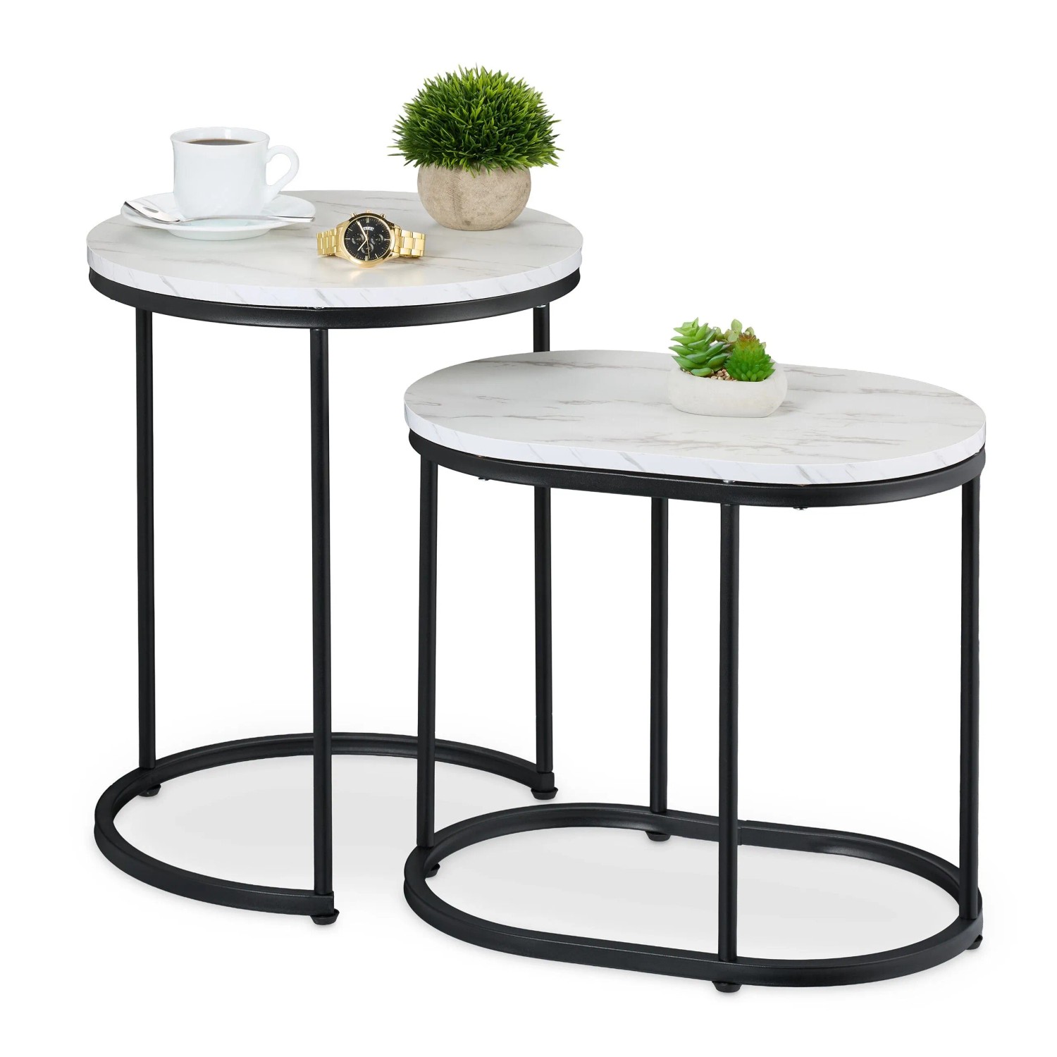 Relaxdays Satztisch 2er Set MDF Eisen Kunststoff Weiß Schwarz Marmoroptik Platzsparend 51 cm x 40 cm 41 cm x 45 cm x 30 cm 4,3 kg