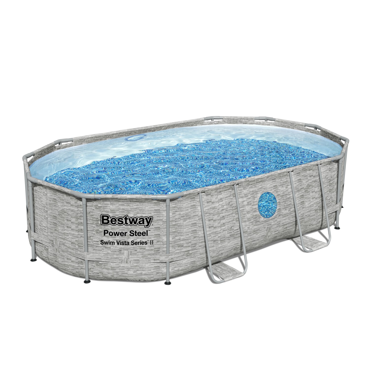 Ovaler Bestway Stahlrahmenpool Power Steel Swim Vista, 488x305x107 cm, grau, mit Leiter und Sandfilter.