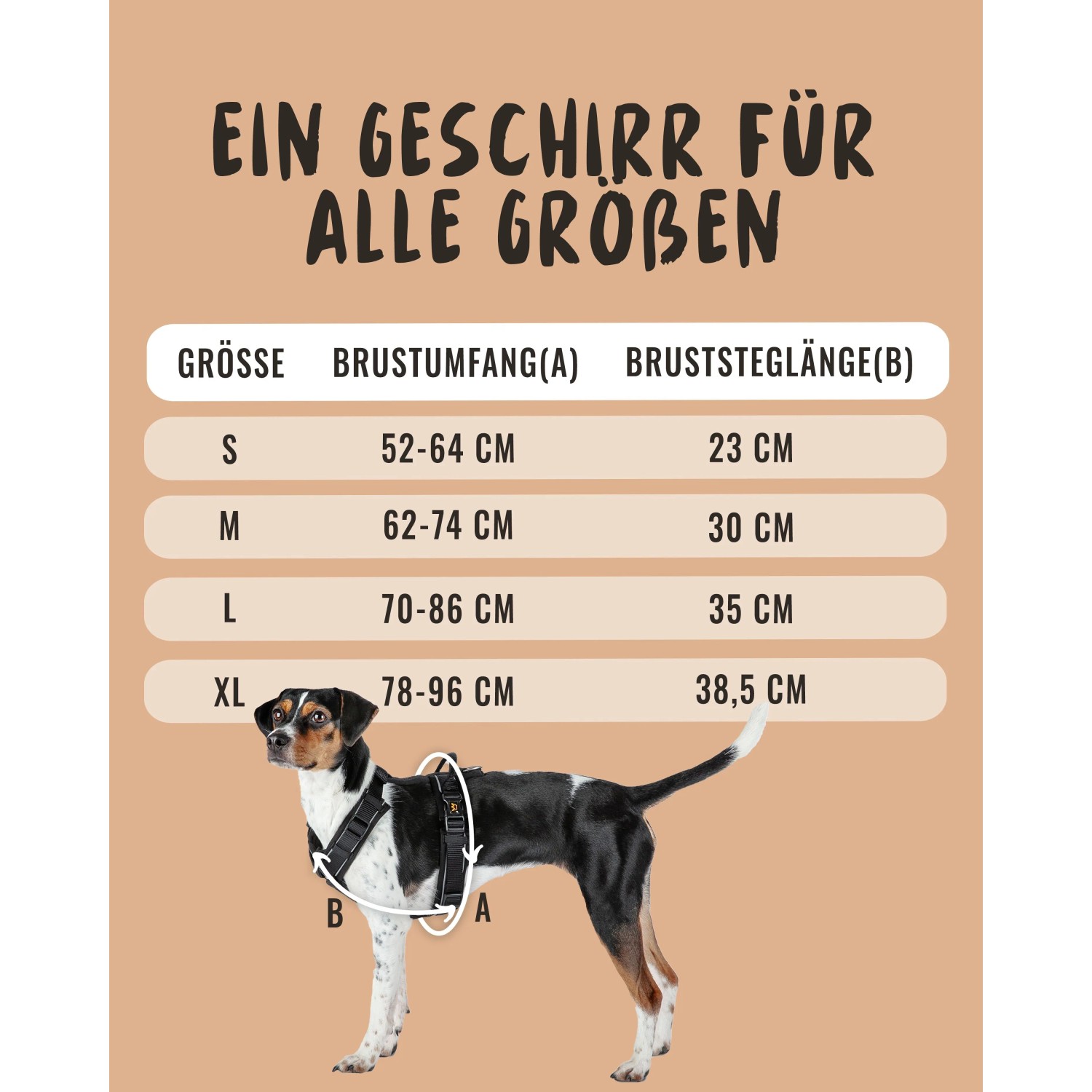 Größentabelle für Rudelkönig Hundegeschirr Paola, gepolstertes Brustgeschirr, Größe XL.