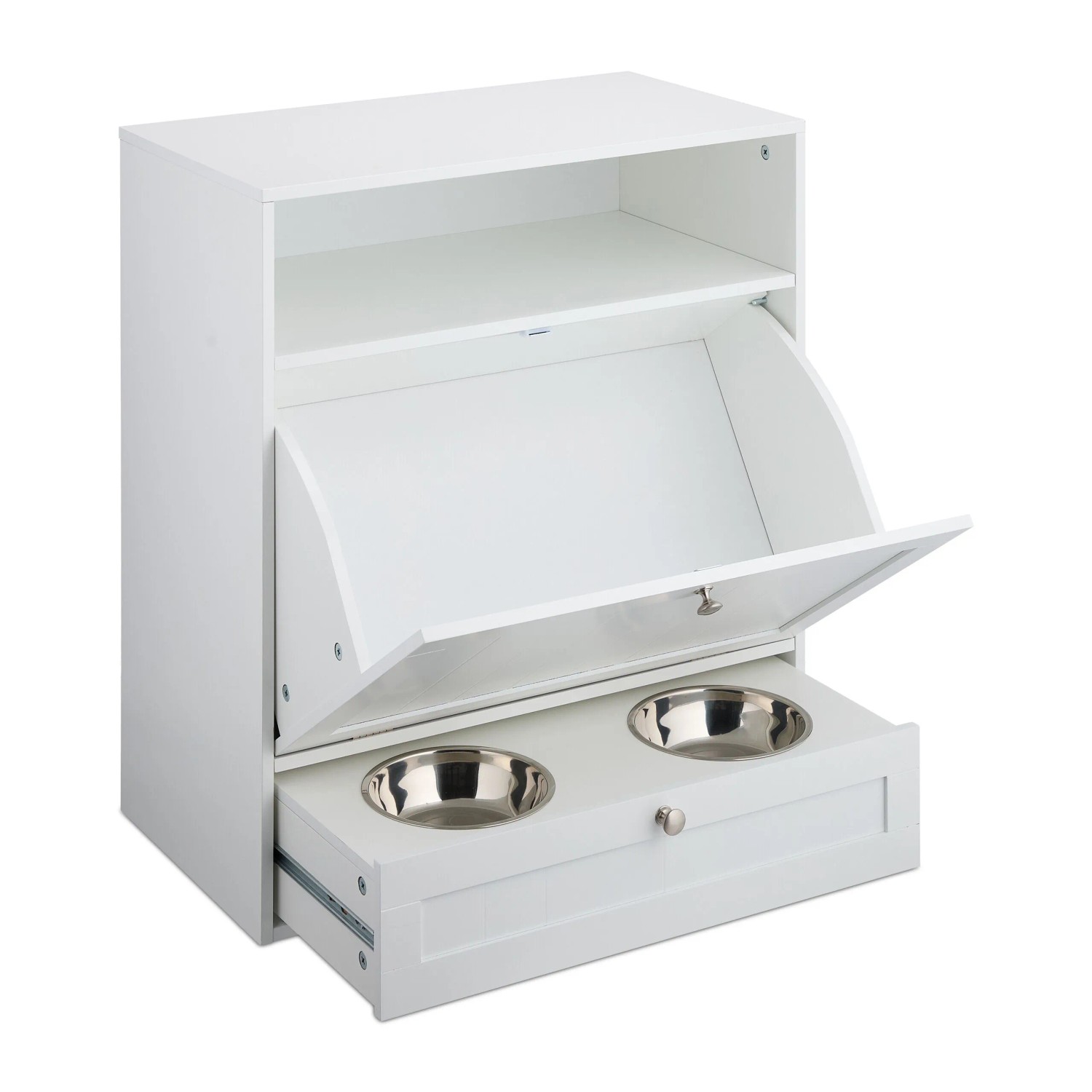 Relaxdays Futterschrank Hunde MDF Edelstahl Weiß Silber Mit Kippfach Kippschutz 68 cm x 60 cm x 33 cm 18,2 kg_5
