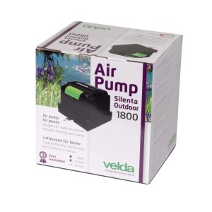 Velda Silenta Outdoor 1800 Teichbelüftungset in Verpackung. Zeigt schwarze Luftpumpe für Teiche bis 7000L, 25W.