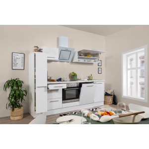 Respekta Premium Küchenzeile 250 cm in Weiß Hochglanz mit E-Geräten und Apothekerschrank.