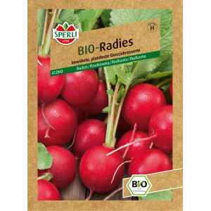Samenpackung Sperli Bio Radieschen Rot: Leuchtend rote, runde Radieschen mit grünen Blättern.