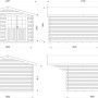 Technische Zeichnung Palmako Gartenhaus Sally 360x360 cm, Ansichten von allen Seiten mit Maßen.