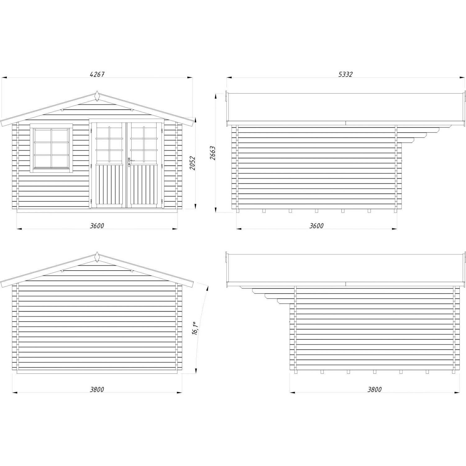 Technische Zeichnung Palmako Gartenhaus Sally 360x360 cm, Ansichten von allen Seiten mit Maßen.