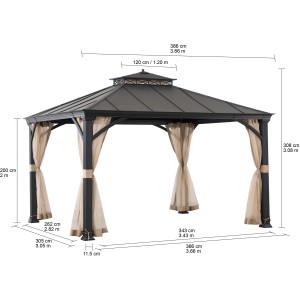Sunjoy Gazebo Torre Zedernholz, 385x324 cm, schwarz, mit Maßen. Ideal für Garten & Terrasse.