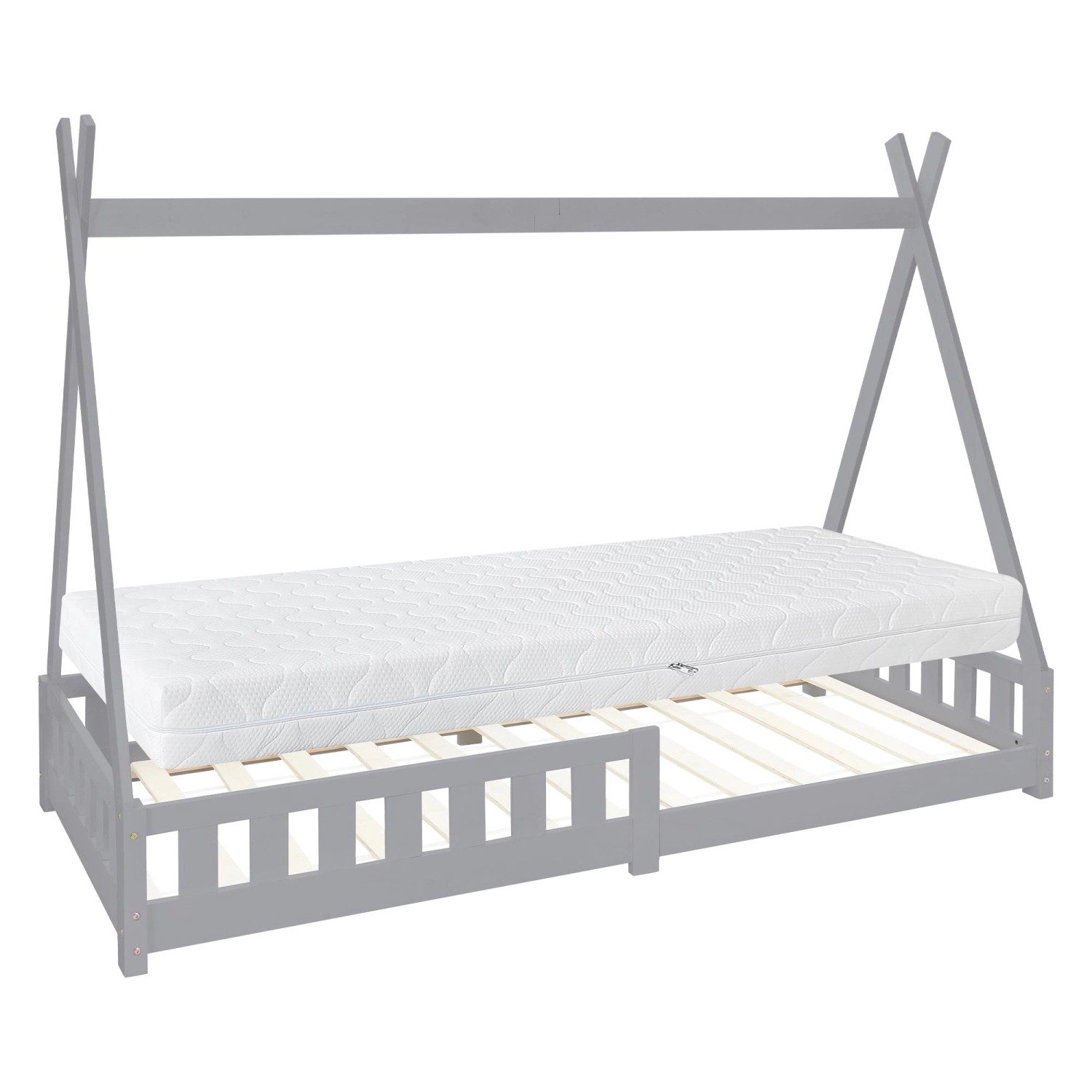 ML-Design Kinderbett Tipi 90x200 cm Hellgrau Matratze H16cm Lattenrost