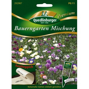 Quedlinburger Bauerngarten Mischung Saatteppich mit Blumenmuster und Größenangabe.
