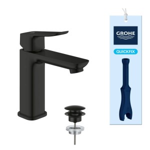 Grohe Einhand-Waschtischarmatur Dice M-Size in Mattschwarz mit Push-Open Ablaufgarnitur und Installationswerkzeug.