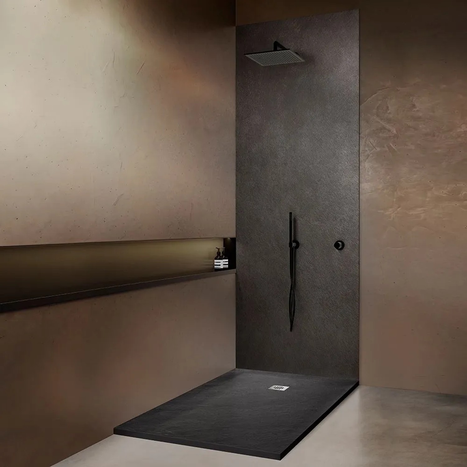 Onbath's Duschwanne Naturstein AnthrazitSchwarz 160x90 cm mit Ablaufrinne, Natursteinlaminierung