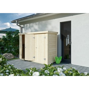 Kiehn-Holz Gartenschrank KH-TS 28-002 aus unbehandeltem Holz mit Doppeltür vor Hauswand.