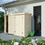 Kiehn-Holz Gartenschrank KH-TS 28-002 aus unbehandeltem Holz mit Doppeltür vor Hauswand.