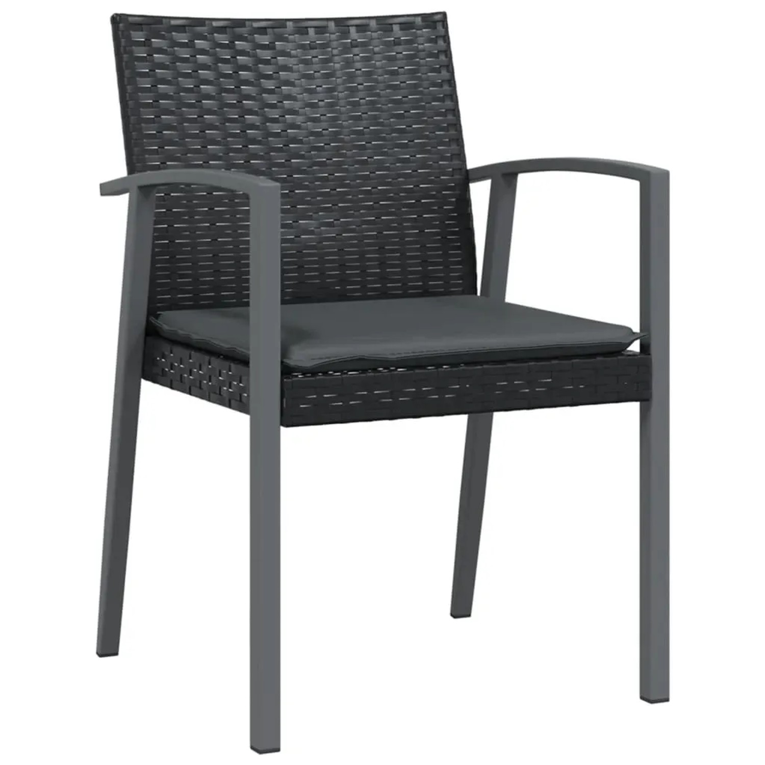 Schwarzer Gartenstuhl aus Rattan und Stahl mit grauem Kissen, Teil der vidaXL 5-tlg. Essgruppe.