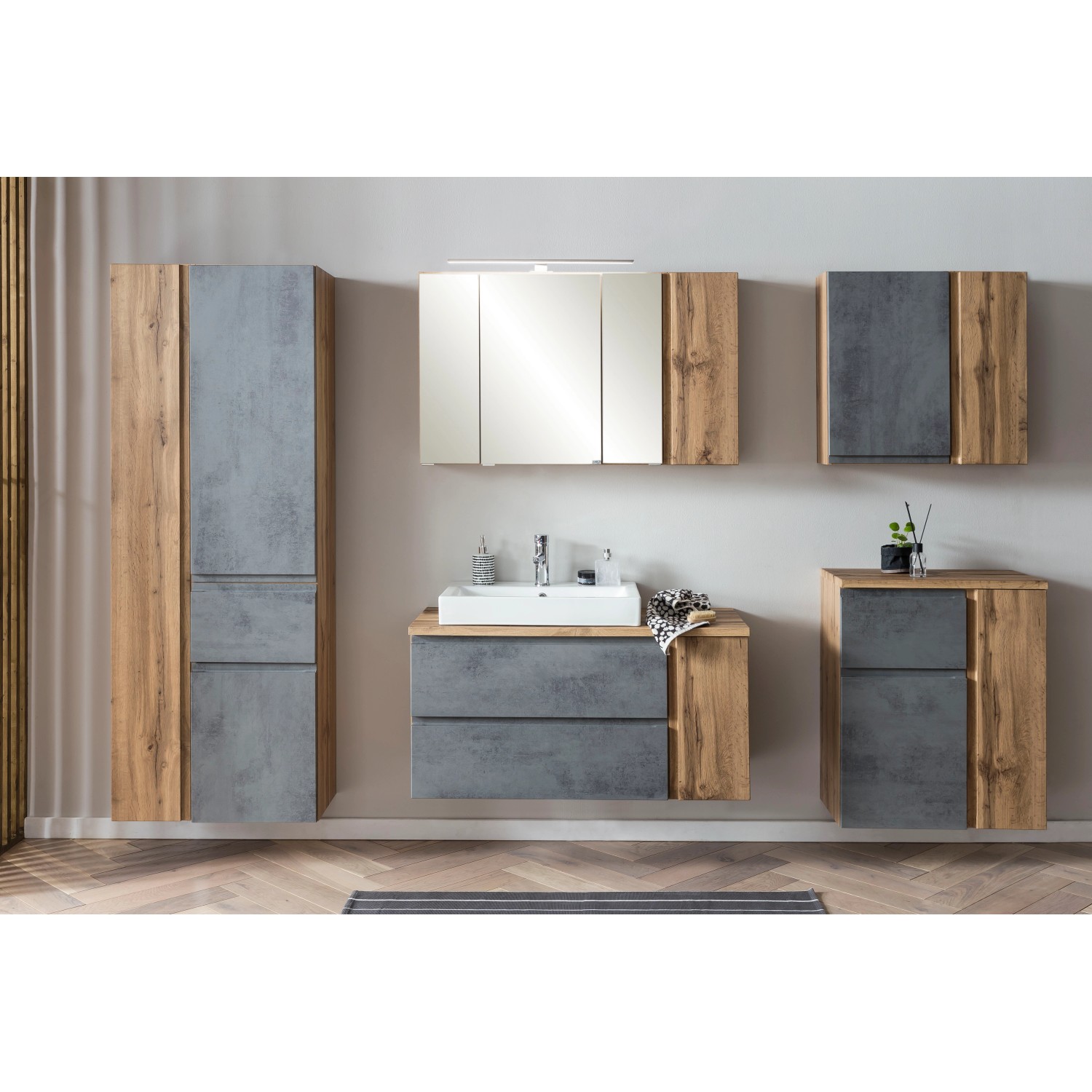 Held Möbel Hängeschrank Ancona, 65 cm, Betongrau-Wotaneiche, Teil eines Badmöbel-Sets.