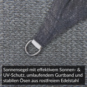 Detailaufnahme: Quadratisches, anthrazitfarbenes Sonnensegel mit Edelstahl-Öse.