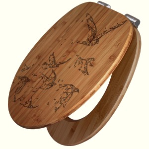 Banjado WC-Sitz aus Bambus mit Vogel-Gravur. Toilettendeckel mit Absenkautomatik.