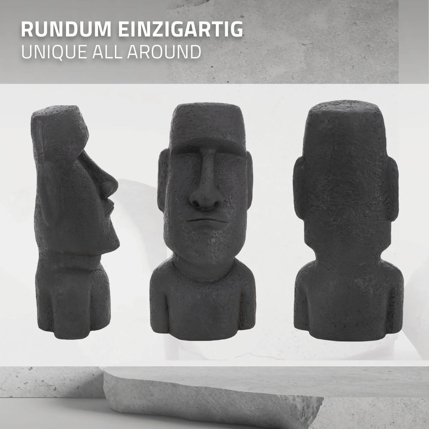 Anthrazitfarbene Moai Figur Rapa Nui (53,5 cm) aus Steinguss Kunstharz, verschiedene Ansichten.
