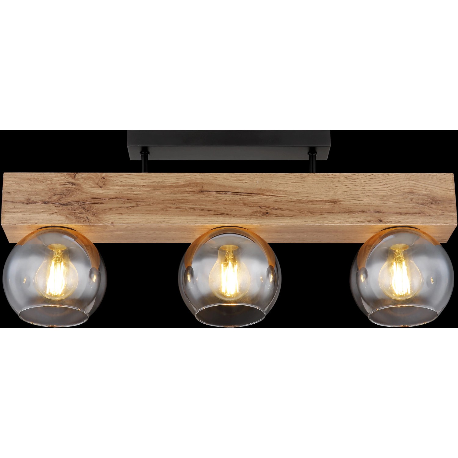 Globo Deckenleuchte Moitas, 3-flammig, schwarz matt mit Rauchglas-Schirmen und Holzoptik.