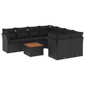 Schwarze 9-tlg. vidaXL Garten-Sofagarnitur aus Poly Rattan mit Tisch und Kissen.