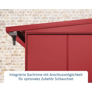 Detailaufnahme: EcoStar Kaminholzregal Elegant-V, purpurrot, mit integrierter Dachrinne.