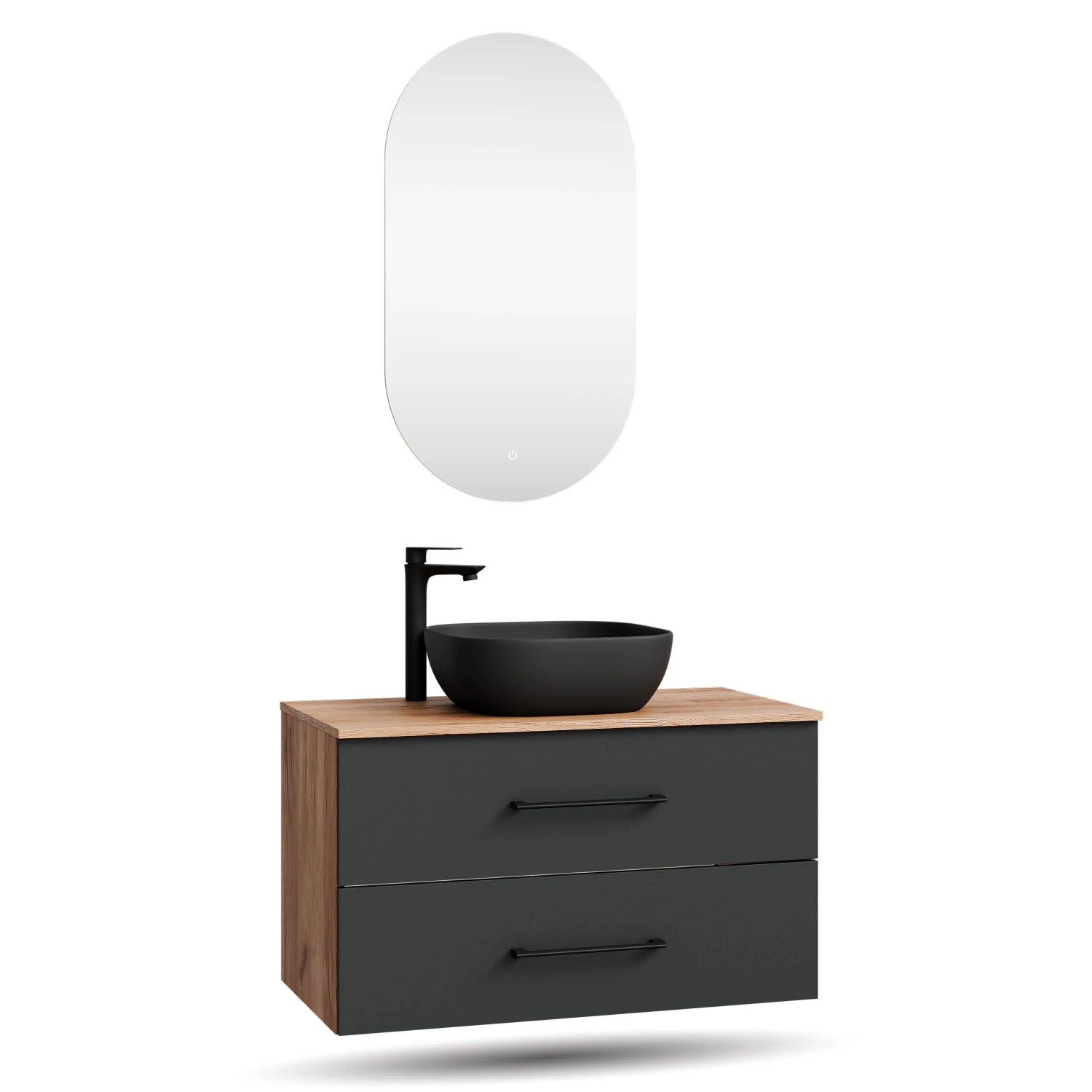 Planetmöbel LUX Badmöbel Set 90 cm mit Aufsatzwaschbecken 42,5 cm Schwarz LED Spiegel Soft Close