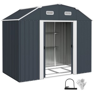 Outsunny Gerätehaus aus verzinktem Stahl, dunkelgrau, mit Schiebetüren und Regalen.