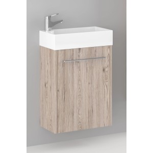 Astor Waschtisch Caddy 46 cm in Eiche Grau mit weißem Waschbecken und Handtuchhalter.