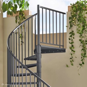 Intercon Außentreppe Modena Wendeltreppe aus Lava-Anthrazit Stahl mit rutschfesten Stufen und Geländer.