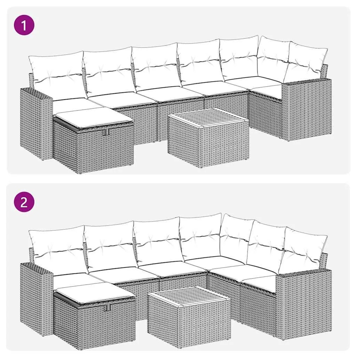 Beige 8-teilige Garten-Sofagarnitur aus Polyrattan mit Kissen und Tisch.