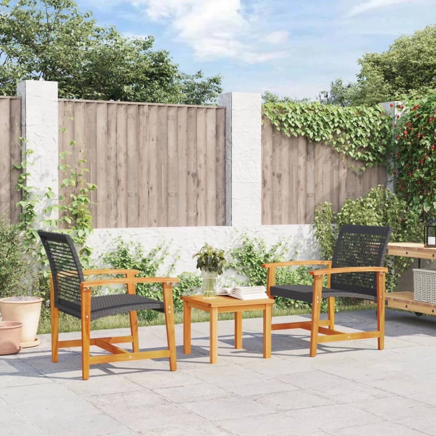 vidaXL Bistro-Set, 3-teilig, schwarz, Poly Rattan und Akazienholz für Garten oder Balkon.