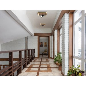 Moderne, schwarze Globo LED-Deckenleuchte Kassu, 2-flammig mit Holzoptik im Flur.