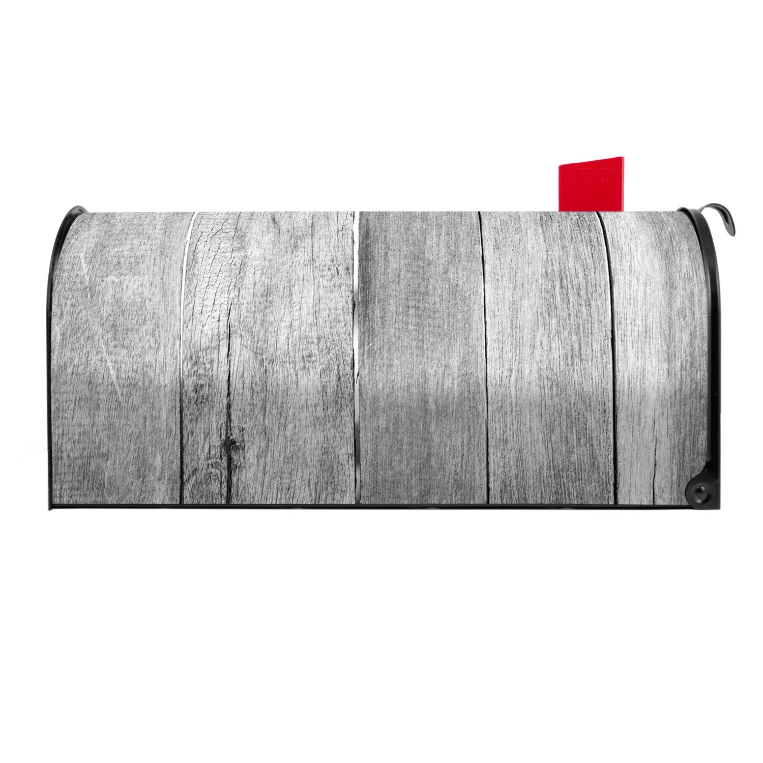 Schwarzer Banjado US Briefkasten mit Holz Monochrom Motiv und roter Fahne.