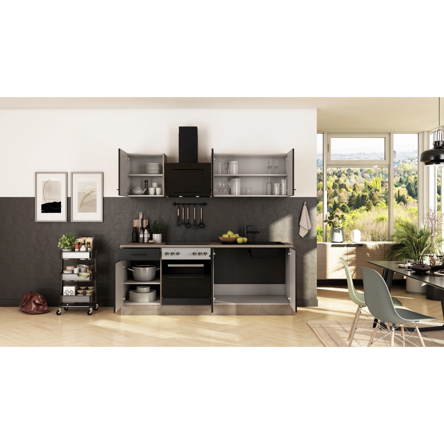 Flex-Well Exclusiv Küche 1601-005sWs Capri 210 cm Schwarz Matt-Endgrain Oak_5