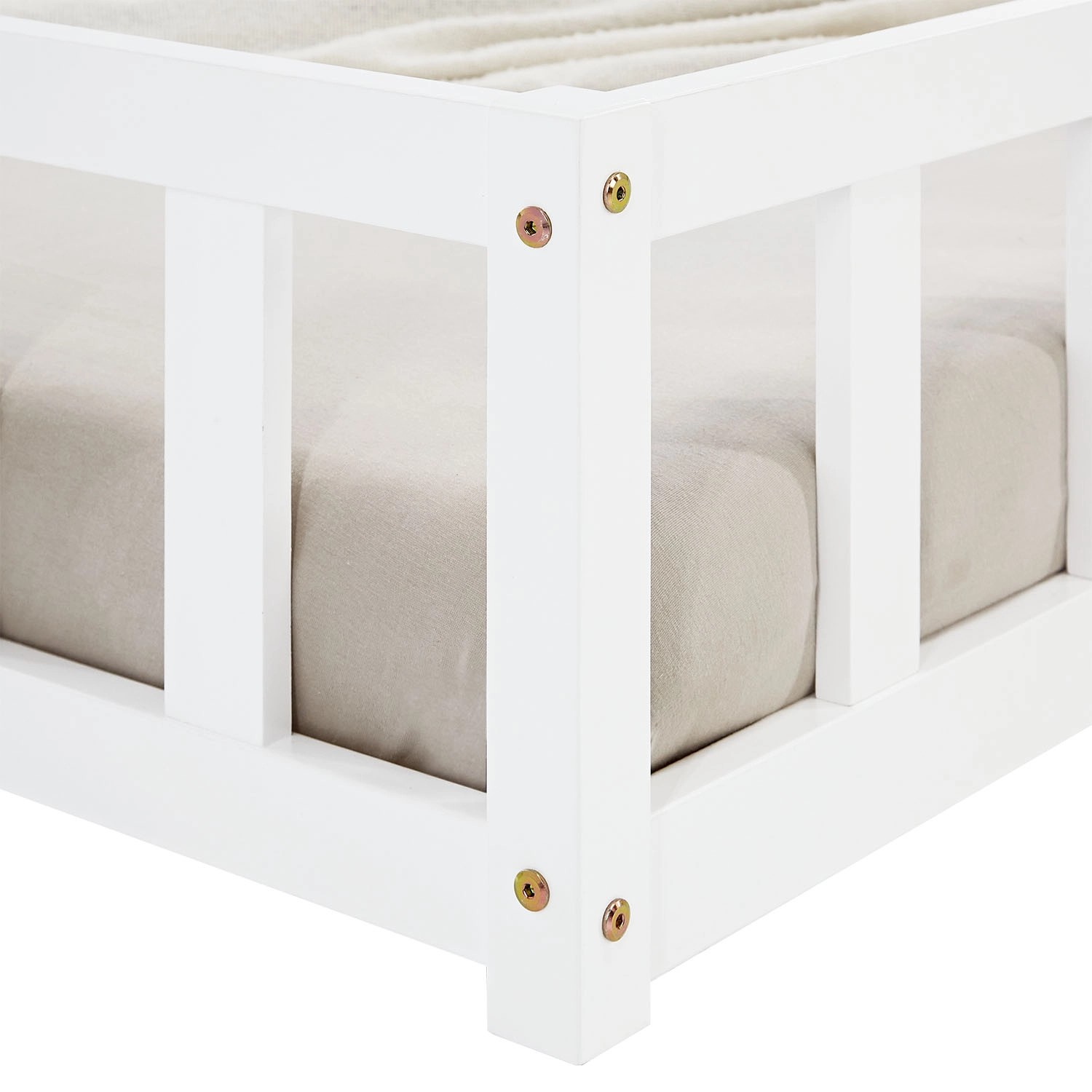 Detailansicht: Weißes Homestyle4u Kinderbett 90x200 mit Lattenrost und Matratze.